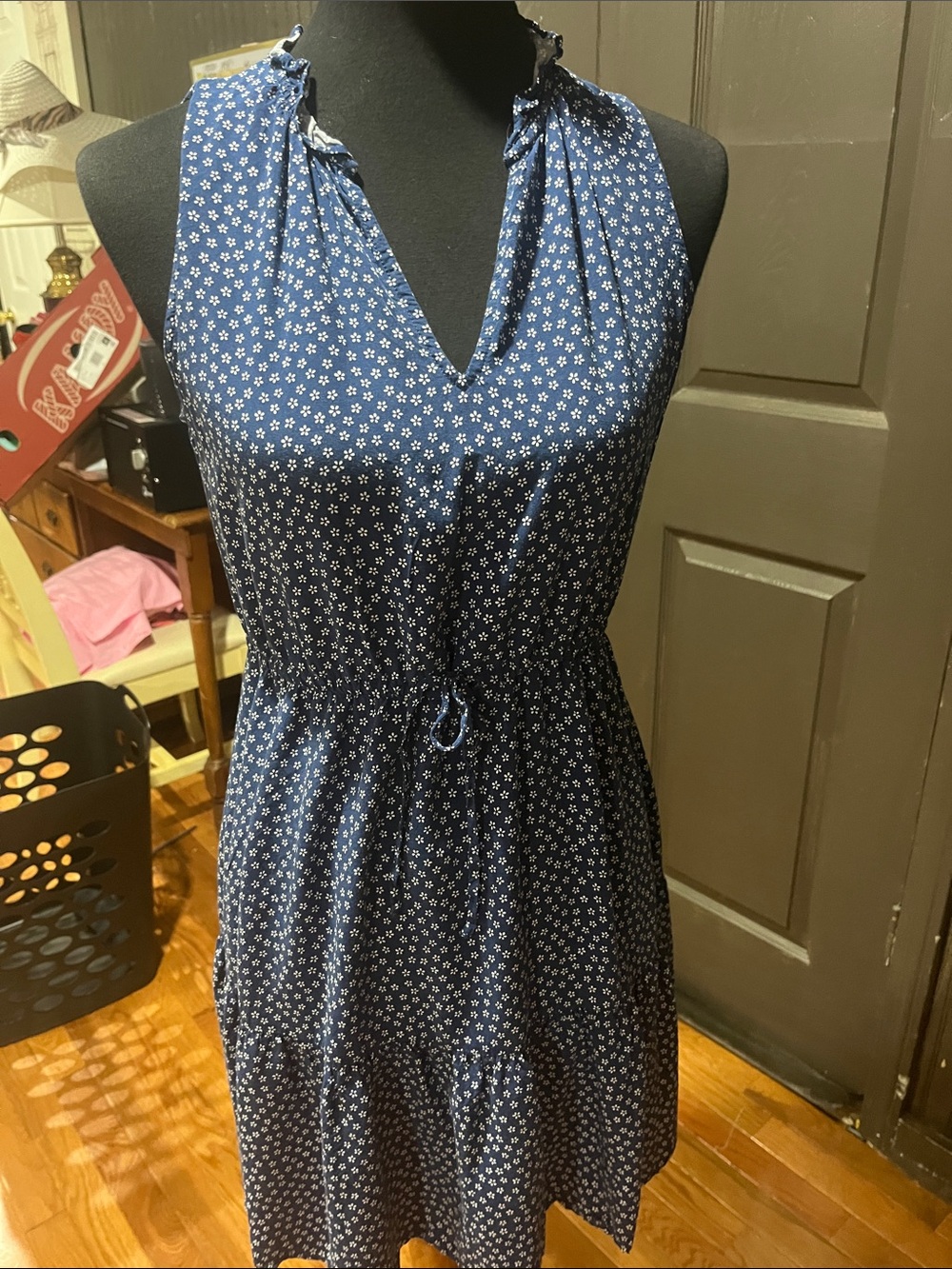 GAP Navy Blue Sleeveless Floral Tie-Waist Mini Dress